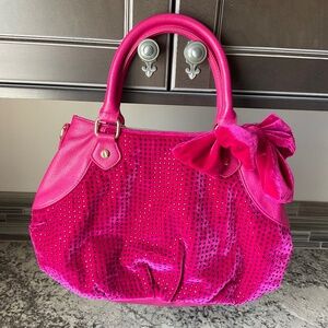 Betsey Johnson purse pink velvet Barbie bow sparkly handbag satchel jewels lined